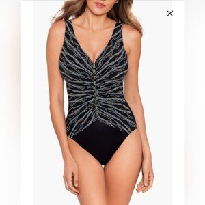 Miraclesuit Black and Gold Linked In Charmer One Piece, size 8